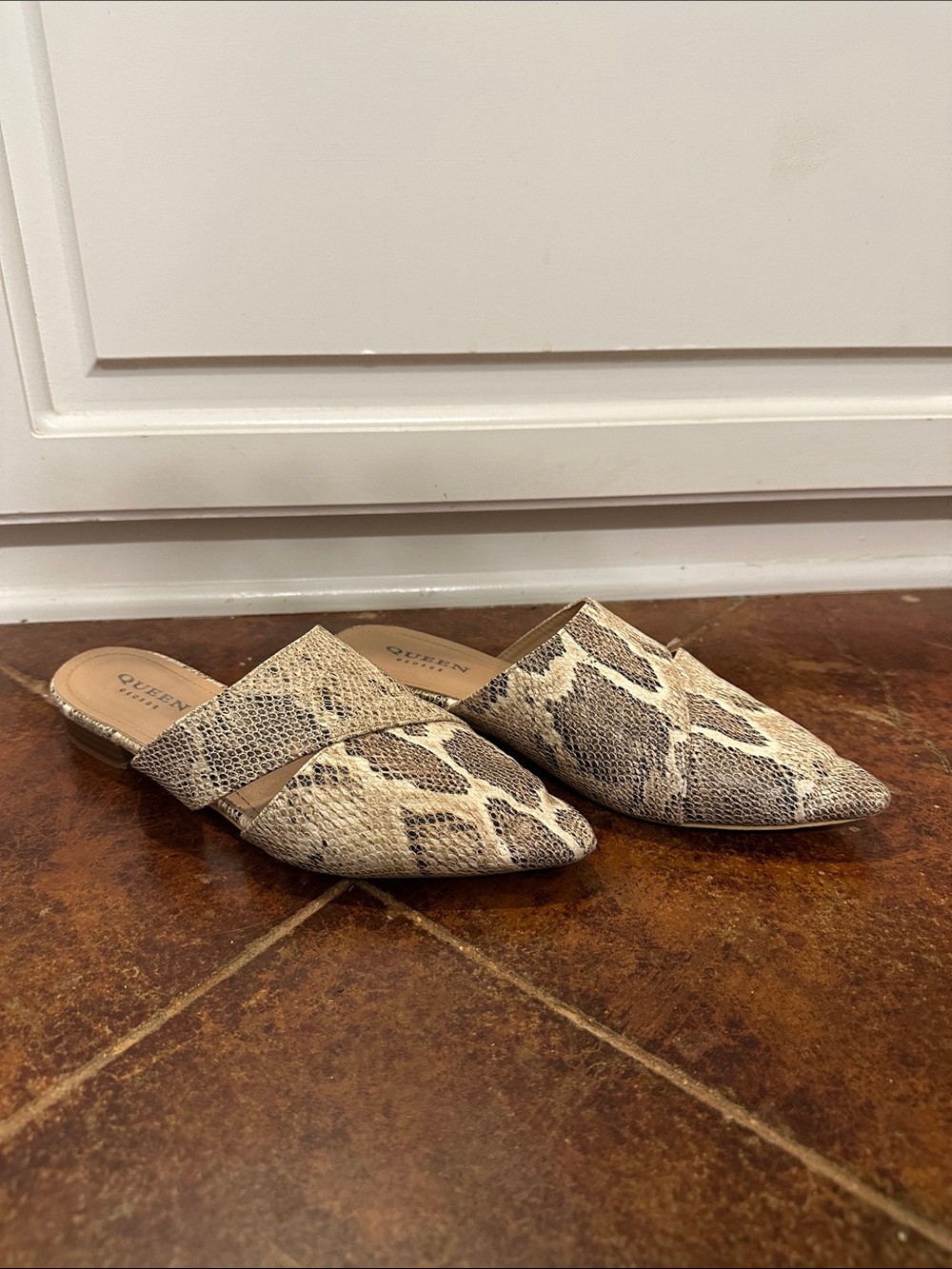 Snake-Print Pointed Toe Mules in Beige